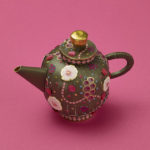 tea pot gray with pale pink flower