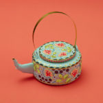 tea pot blue with pink flower